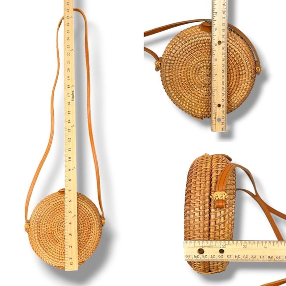 Round Circle Rattan Straw Crossbody Bag Womens Tan Leather Strap Woven Boho - Picture 10 of 10